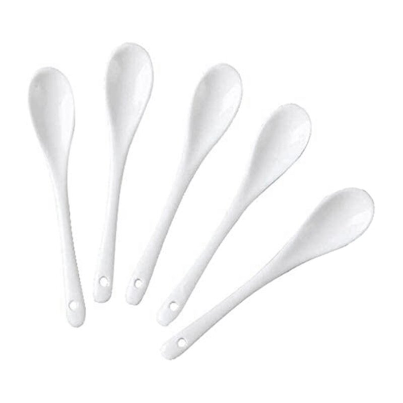 PROMOTION! 5PCS White Porcelain Egg Spoons Ceramic Spoons Coffee Spoon Dessert Spoon Mocha Dip Serving Spoon