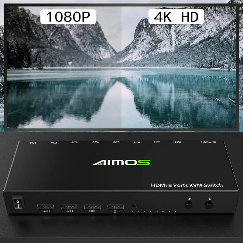 AIMOS HDMI przełącznik KVM, 8 w 1 przełącznik aktywny Monitor klawiatura z myszką HDMI przełącznik 4K @ 30Hz do laptopa, PC, PS4, Xbox