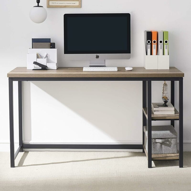 Mesa de madeira e metal do computador com prateleiras, Home Office Desk, 55 ", Rústico Estudo Escrita Mesa, Cinza Cinza