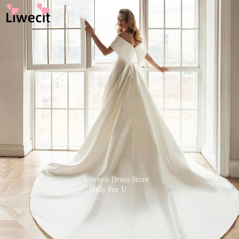 Liwecit 우아한 웨딩 드레스, 오프숄더 새틴 신부 가운, 민소매 스윕 트레인 백 지퍼 신부 드레스