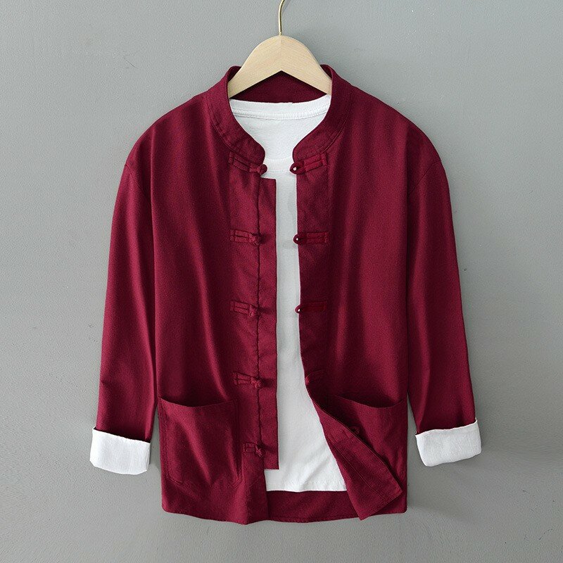 Neue Frühjahr Chinesischen Traditionellen Baumwolle Leinen Shirts Männer Weiche Atmungsaktive Taste Unten Langarm Tang Anzug mit Tasche