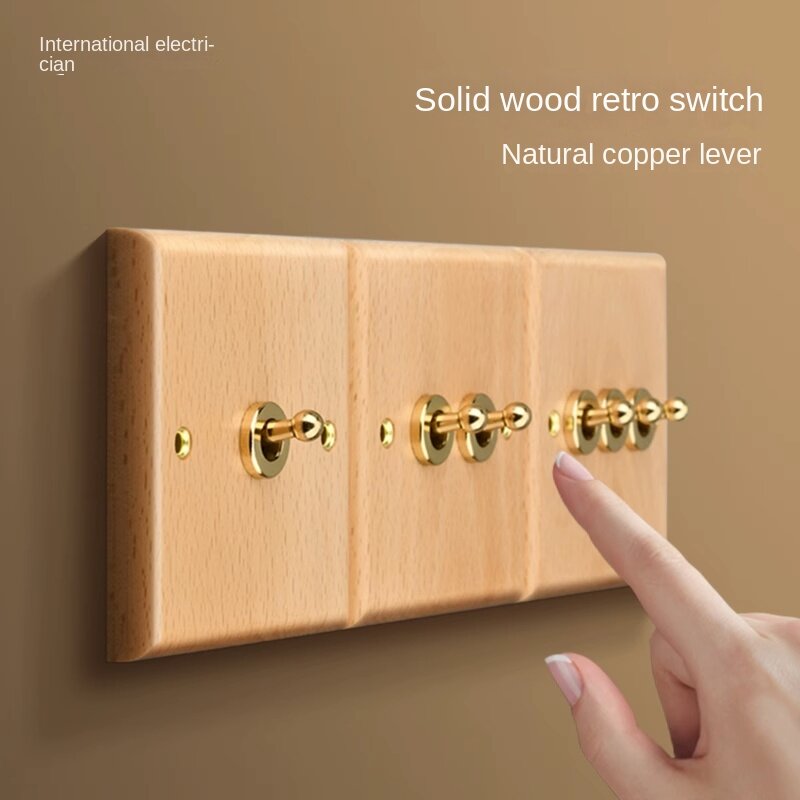 Interruptor de estilo nórdico de madera maciza, Panel de enchufe, palanca de latón, Color Haya, cinco agujeros, 86