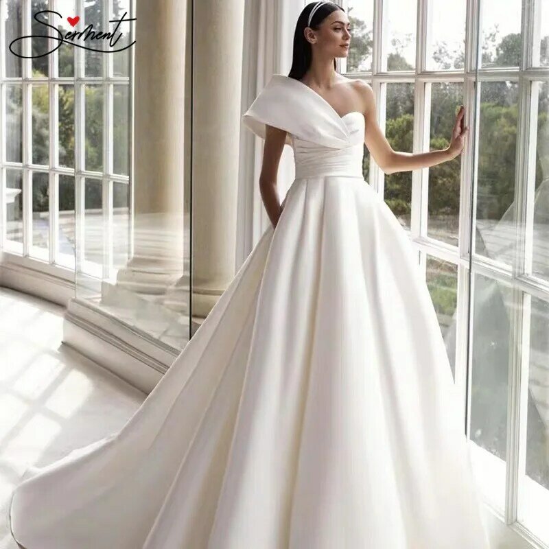 Elegant Satin Wedding dress A-Line Classic off-Shoulder Sexy Backless Fashion Appliqued Pocket Bridal Gowns