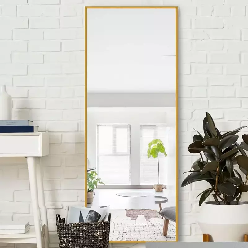 Floor-to-ceiling mirror, wall-mounted mirror, vertical wall-mounted mirror, aluminum alloy thin frame (gold)