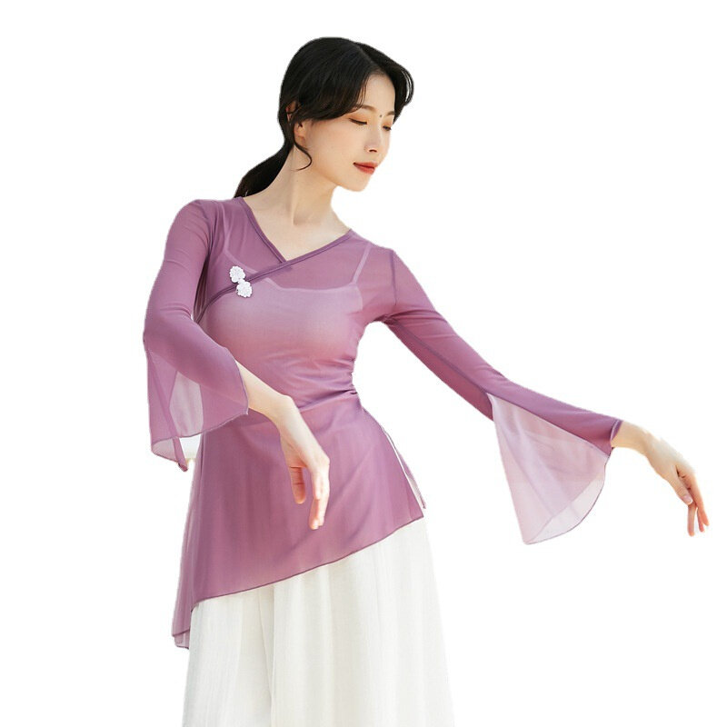 Gaza klasyczne nosić boczne kontrast kolor taniec koszula chiński Folk trening taneczny taniec nowoczesny bluzka V Neck z długim rękawem