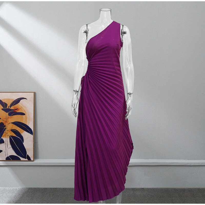 Женское элегантное асимметричное длинное платье, модель 2024 года, платье на одно плечо, плиссированное деловое платье, женские Сексуальные Коктейльные Вечерние платья для выпускного