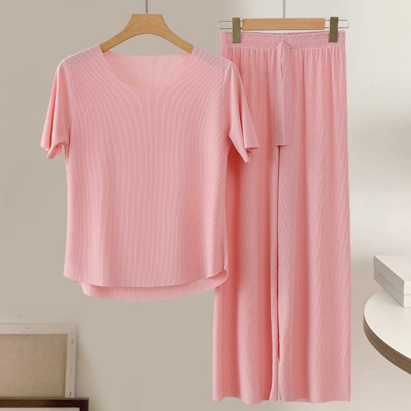 Conjunto de pijama transpirable para mujer, conjunto de pijama de seda de hielo sin costuras, pantalones de pierna ancha, cintura elástica, cómodo