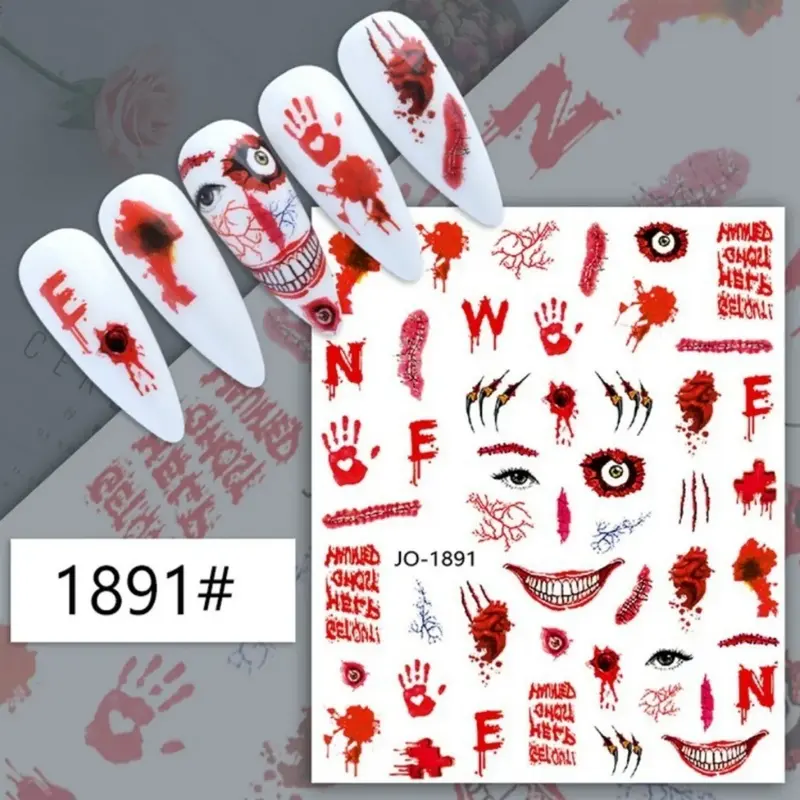 Наклейки для ногтей на Хэллоуин, Череп, тыква, летучая мышь, паук, Мультяшные смешные выражения, черные и белые декоративные наклейки для ногтей