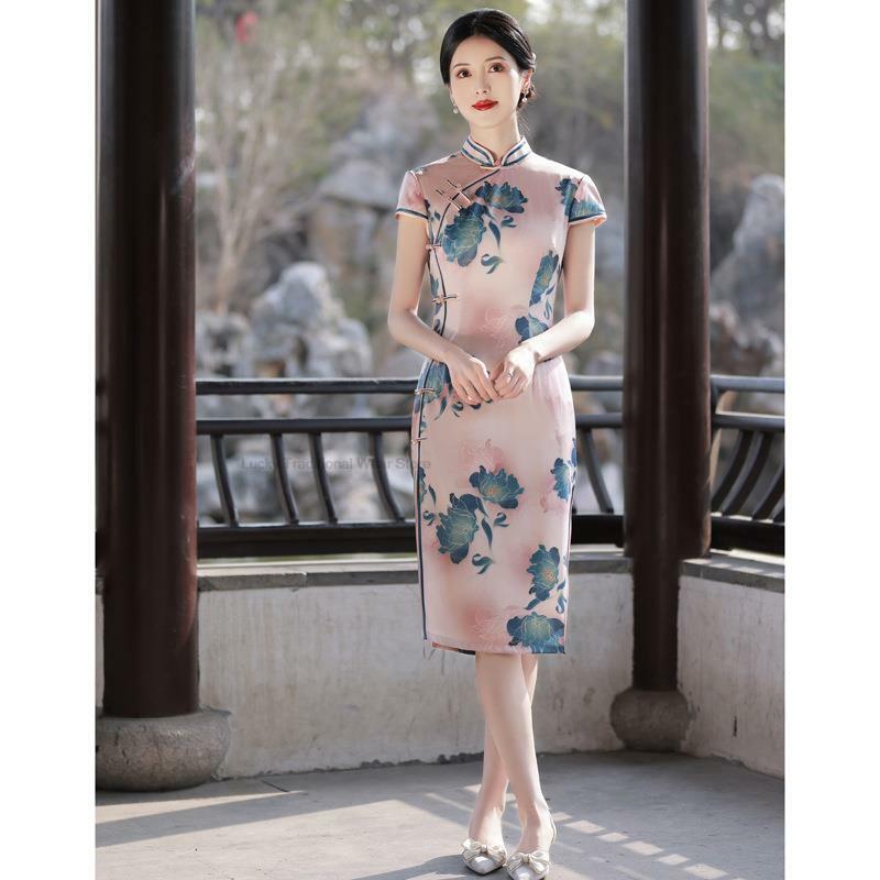 Cheongsam moderno de longitud media para mujer, vestido de novia de estilo chino, diario, Retro, seda modificada, madre, Verano