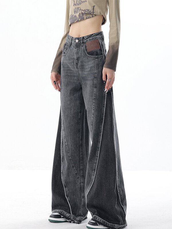 Bottoms de sino grunge denim feminino, calça jeans de cintura alta fina, comprimento total, moda moda vintage, estética dos anos 2000