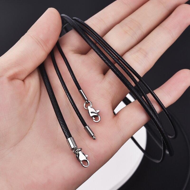 1.5/2/3mm cabo de couro preto colar corrente com aço inoxidável lagosta fecho conector redondo encerado corda para mulheres masculinas colar