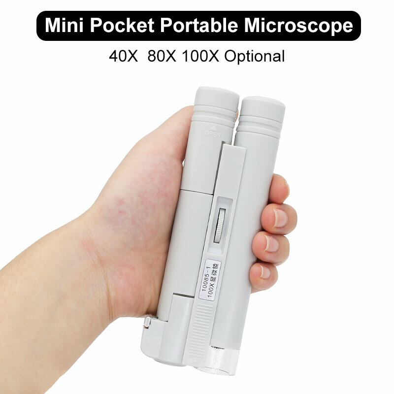 Mini microscopio portátil de bolsillo con luz LED, lupa de joyería plegable, lupa de aumento, 40X, 80X, 100X