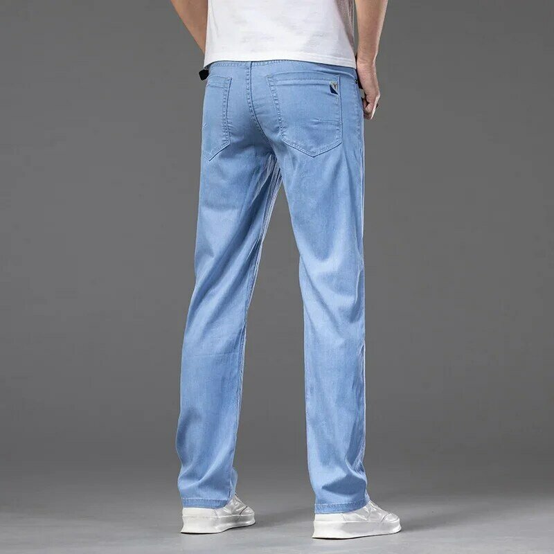 Summer Lyocell Jeans Men Thin Loose Straight Stretch Denim Pants Light Blue Classic Trousers Large Size 40 42 44