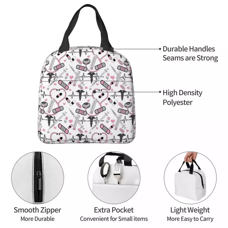 Lunch Bags isolados com estetoscópio padrão para mulheres e crianças, sacola de piquenique impermeável, enfermeira e médico, trabalho escolar, bonito