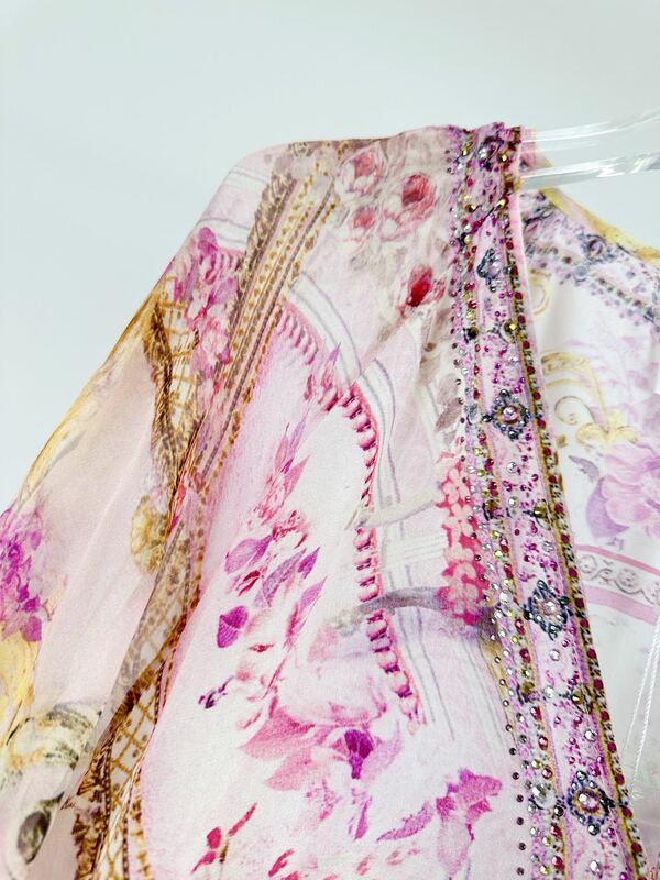 Robe courte à fleurs roses pour femmes, col en V, imprimé fleuri, perlé, 100%