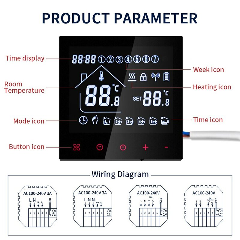 LCD-touchscreen-thermostaat programmeerbaar elektrisch vloerverwarmingssysteem AC 110V 220V temperatuurregelaar voor thuis