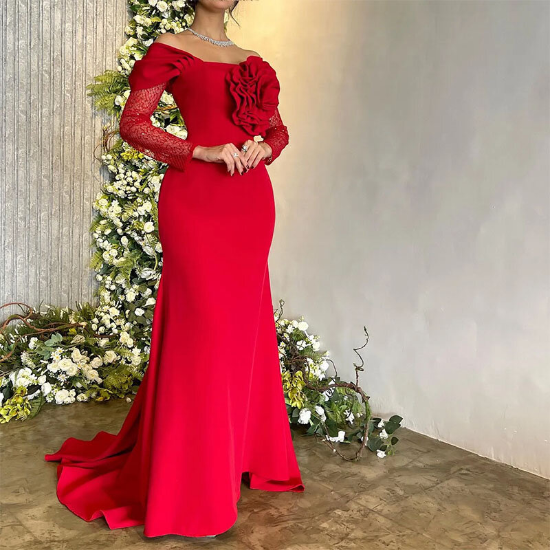 Elegante rote Abendkleider von der Schulter lange Ärmel handgemachte Blumen Meerjungfrau Sweep Zug Party kleider für Frauen