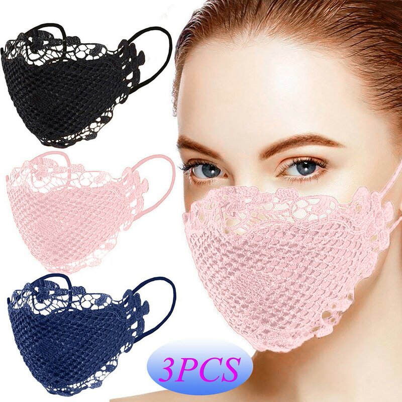Máscara facial lavável e reutilizável para mulheres, requintada e respirável, cobertura bucal, elegante e elegante, protetora de renda, 3 pcs