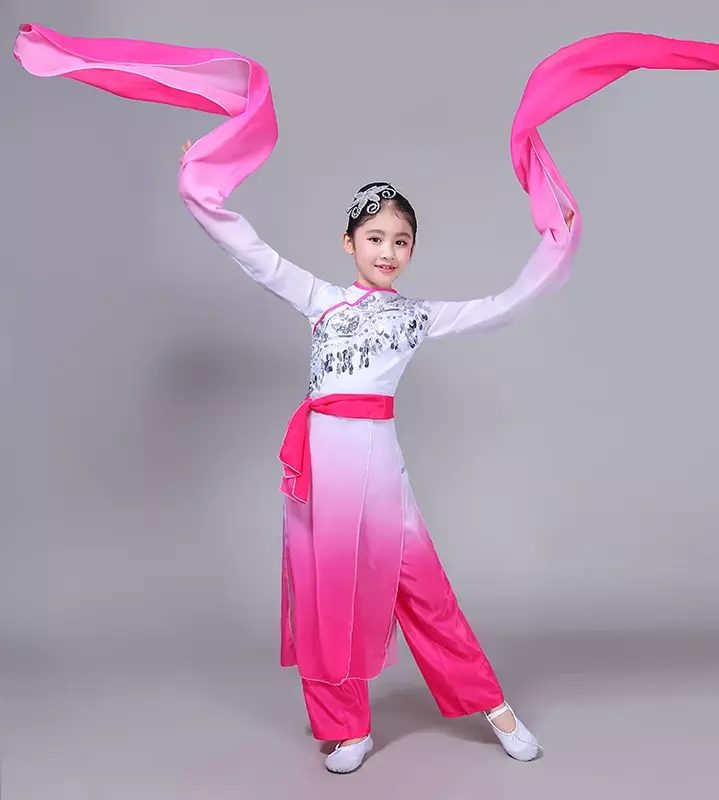 ازياء رقص يانغكو للأطفال ، ازياء الرقص الكلاسيكي ، مظلة مروحة الأكمام ، الفتيات ممارسة الملابس ، النمط الصيني