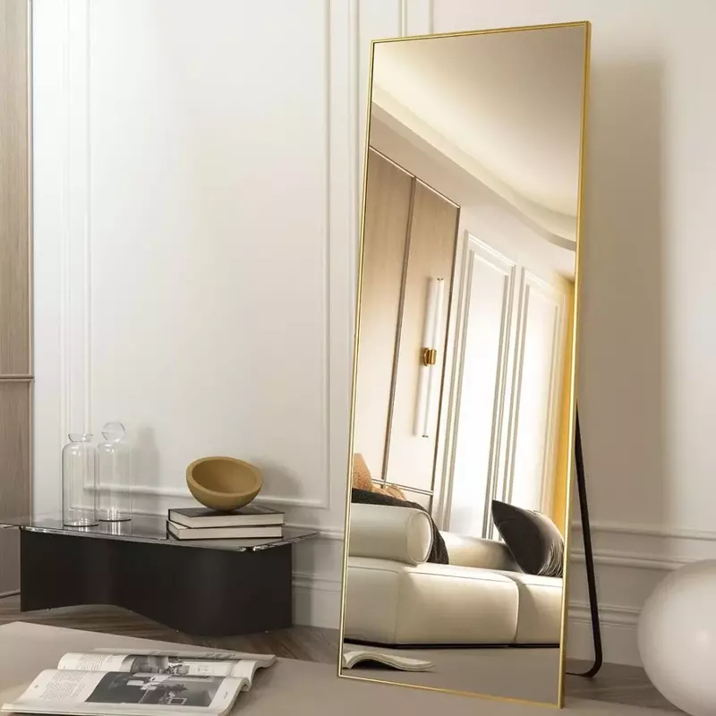 自立型アルミフレーム付きフロアミラー,装飾用ゴールドミラー,家庭用およびリビングルーム用,64インチx 21インチ