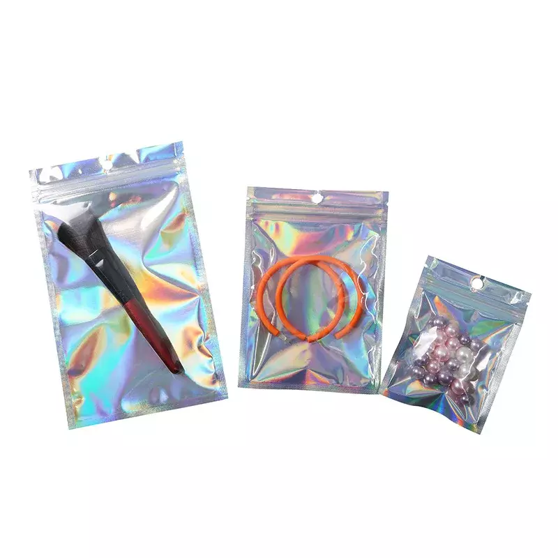 100Pcs Iridescent Storage Bags Self Sealing Pouches Cosmetic Plastic Laser Iridescent Bags Holographic Foil  Reclosable Pouches