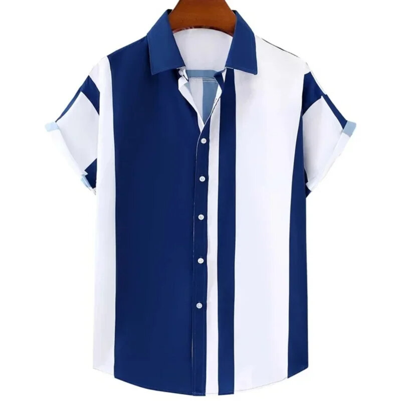 Camicia da uomo semplice stampata in 3D a righe camicia casual e alla moda a maniche corte con risvolto abbottonato abbigliamento da strada plus size top