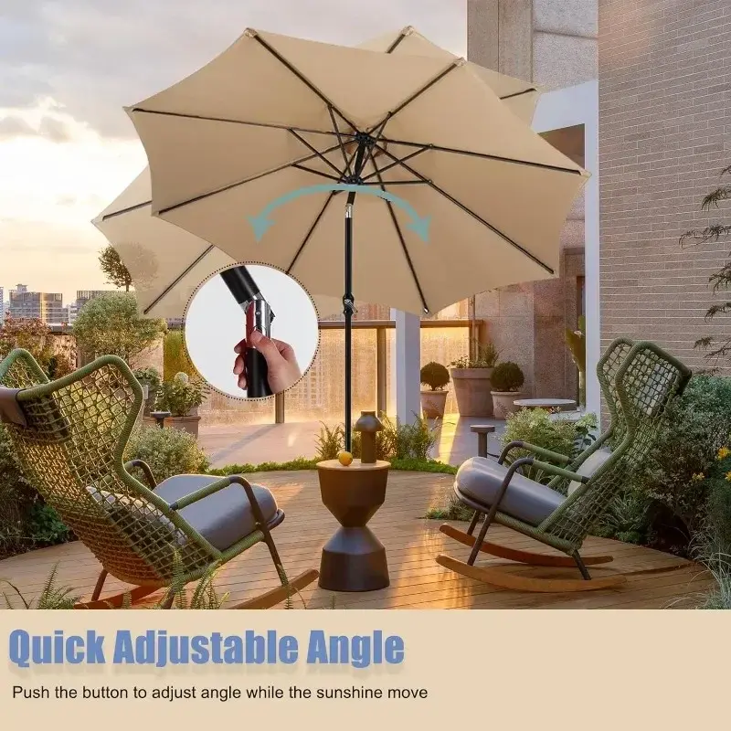 Guarda-chuva ao ar livre do pátio com botão, inclinação e manivela, proteção UV, tabela do mercado, 9FT