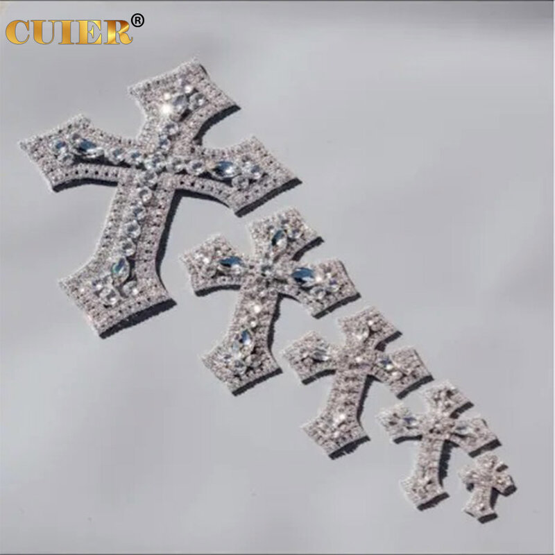 CUIER 12.5" Huge Cross Patches with Rhinestones AB Glass Appliques Crystal Sewing Accessories Glass Gem DIY Sew on Big size
