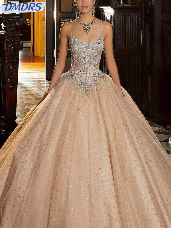 Brilhante frisada A-Line Prom Dress, vestidos clássicos de noite Spaghetti Strap, vestidos graciosos até o chão, 2024