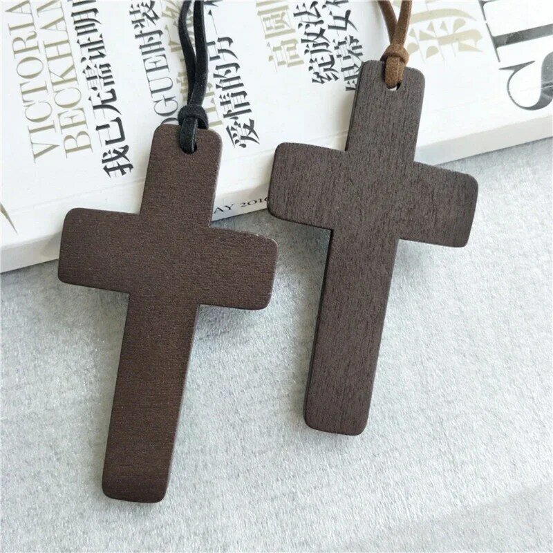 Retro Men Women Necklace with Brown/Black Rope Pendant Christian Religious Natural Wooden for Children Boys Girls