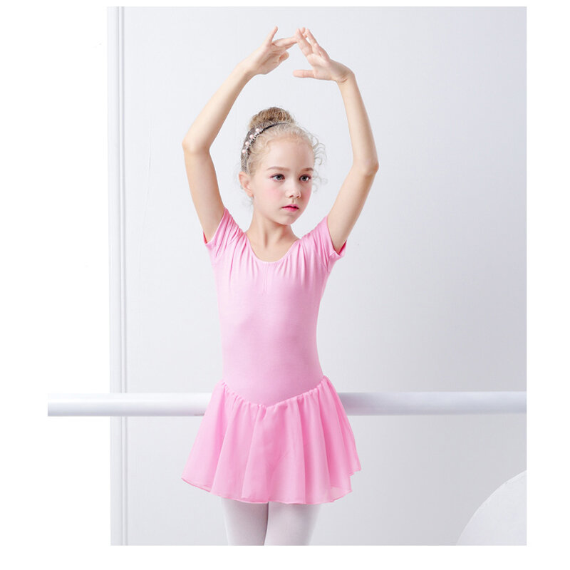 Gaun Balet Senam Leotards untuk Anak Perempuan Anak-anak Lengan Pendek Balet Sifon Rok Ketat Ikatan Simpul Pakaian Dansa