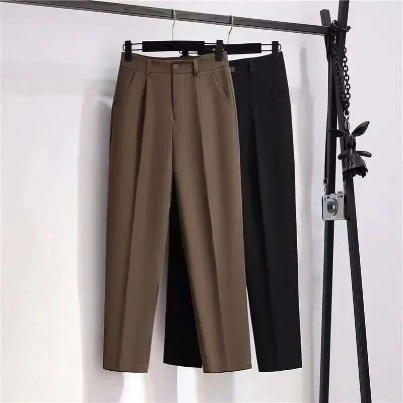 Deeptown Vintage Classic Suit Pants Women Black Elegant Office Ladies Formal Straight Trousers Brown Korean Style Loose Palazzo