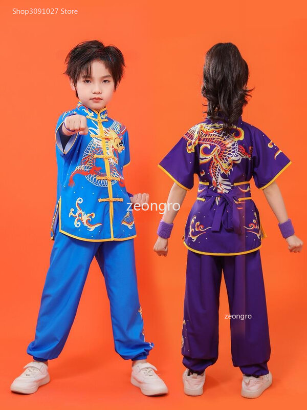 2024 chińskich dzieci tai chi wushu strój sztuk walki mundur kung fu skrzydełko chun shaolin nadruk ze smokiem zestaw kungfu w stylu vintage