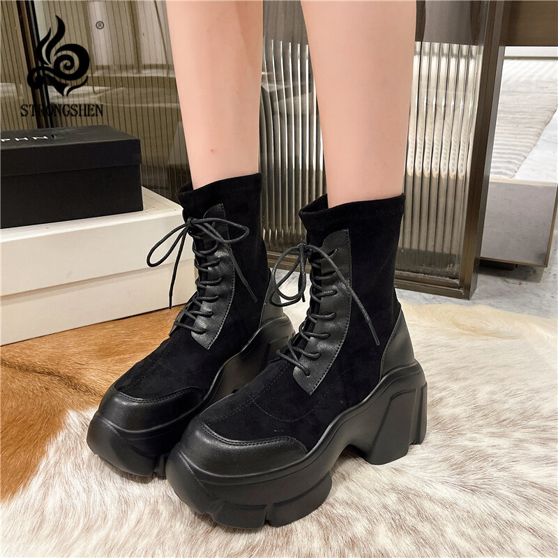 STRONGSHEN Comfortable Platform Boots for Woman Shoes Women Fashion Anklet Boots Round Toe Dad Sole Winter Female Lace Up Botas