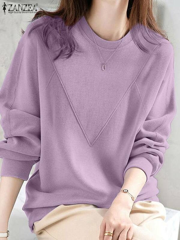 ZANZEA Women Sweatshirt Autumn O Neck Long Sleeve Casual Work Blouse Solid Pullover Female Casual Holiday Hoodies Tops Chemise