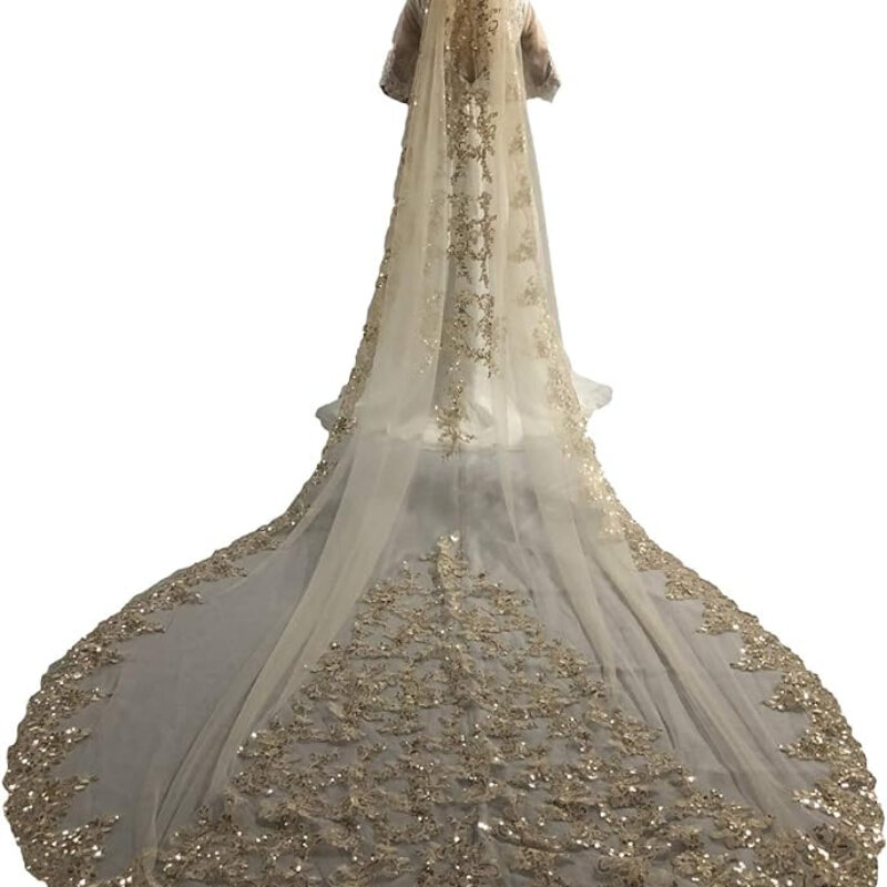Wedding Veils Cathedral Length 1 Tier Sequins Lace Applique with Comb