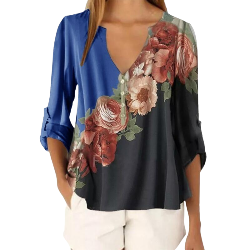 Pakaian wanita musim panas 2023 XS-5XL mode wanita longgar kasual t-hirt motif bunga atasan lengan 3/4 depan kemeja Pullover kerah V