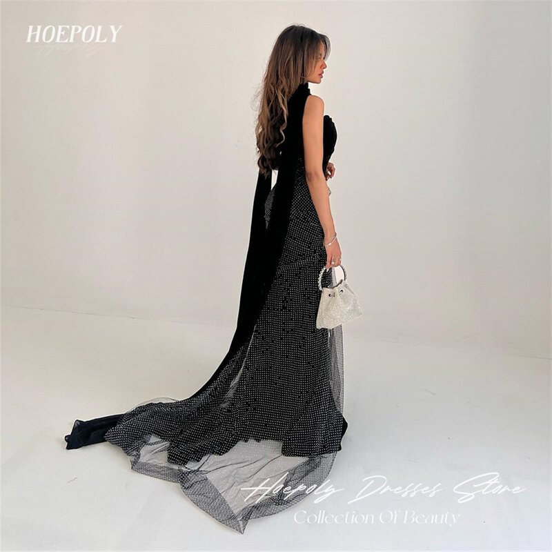Hoepoly-فستان سهرة حورية البحر طويل على شكل قلب ، فستان طويل أسود ، طول الأرض ، قطار سويب ، فستان رسمي للحفلات الراقصة