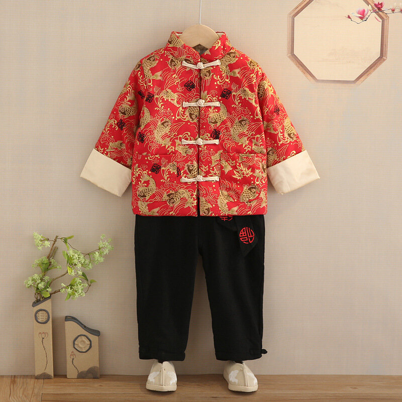 Костюм Тан на новый год, Китайская традиционная одежда для детей, костюм ханьфу из 2 предметов, хлопковый с длинным рукавом и вышивкой, зимний подарок для мальчиков и девочек