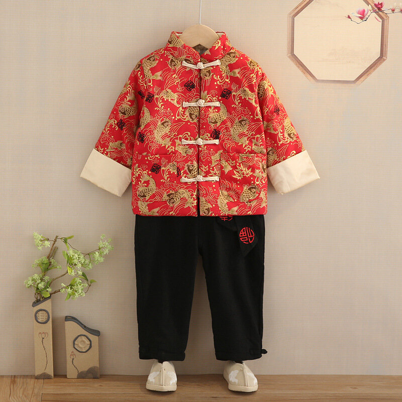 Traje Tang de Año Nuevo para niños, ropa tradicional china para bebés, conjuntos de 2 piezas, algodón, manga larga, bordado, regalo de invierno para niños y niñas