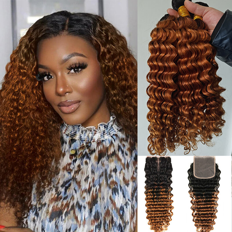 DreamDiana 10A Brazilian Virgin Hair Deep Wave 3 Bundles with Closure 100% Ombre 1B Brown Human Hair Bundles With Lace Closure