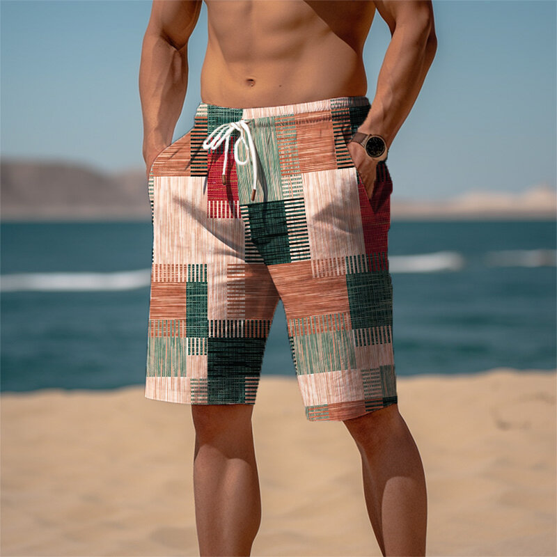 Celana pendek olahraga pria, celana pendek pantai celana pendek Terry tali pinggang elastis motif 3D grafis kotak-kotak bernapas lembut harian