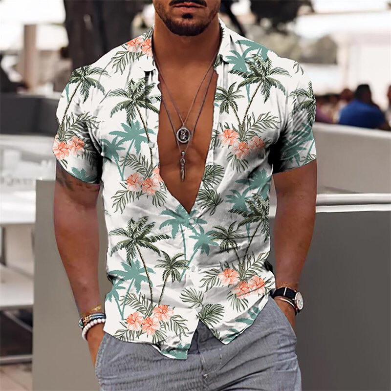 Гавайская рубашка для мужчин, повседневные облегающие топы для отпуска, для спортзала, элегантная повседневная модная футболка с цветочным узором и листьями, Y2k