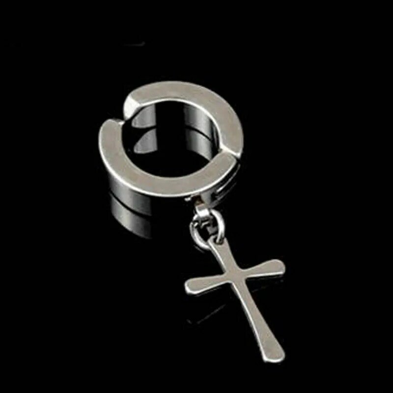 WKOUD-pendientes de Clip de acero de titanio para hombre, aretes hipoalergénicos con forma de cruz, estilo Hiphop Rock, accesorios para la oreja