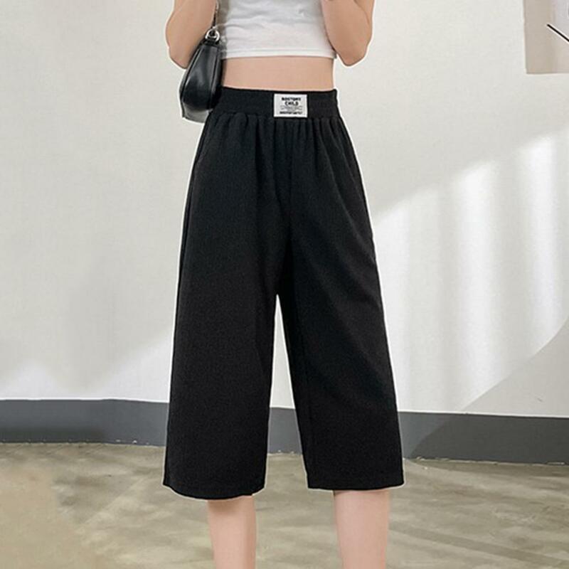 Women Cropped Pants Stylish Summer Cropped Pants with Elastic Waist Pockets for Women Wide Leg Loose Fit Mid-calf Length Pants