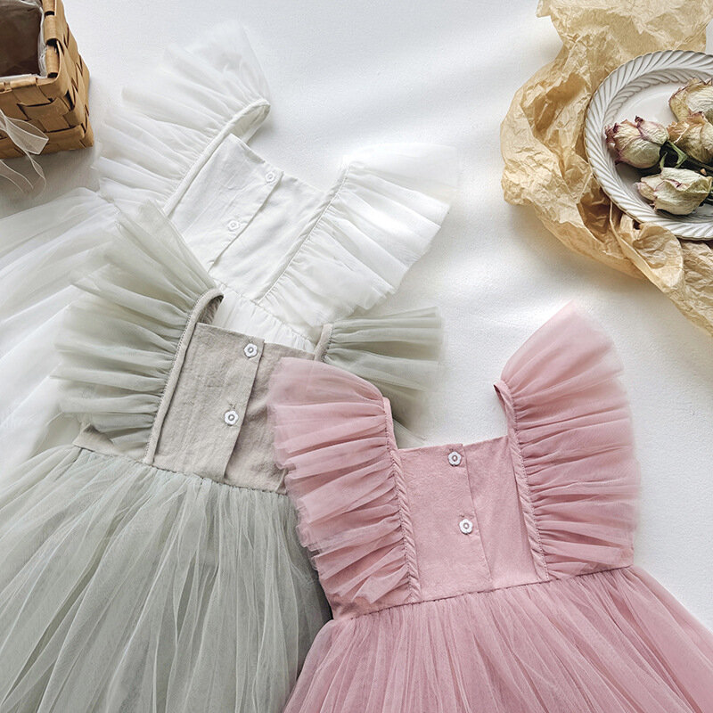 Summer Toddler Girls Dresses Baby Girls Clothes 1-5 Years Sleeveless Solid Color Cute Tulle Birthday Party Dress Children Dress