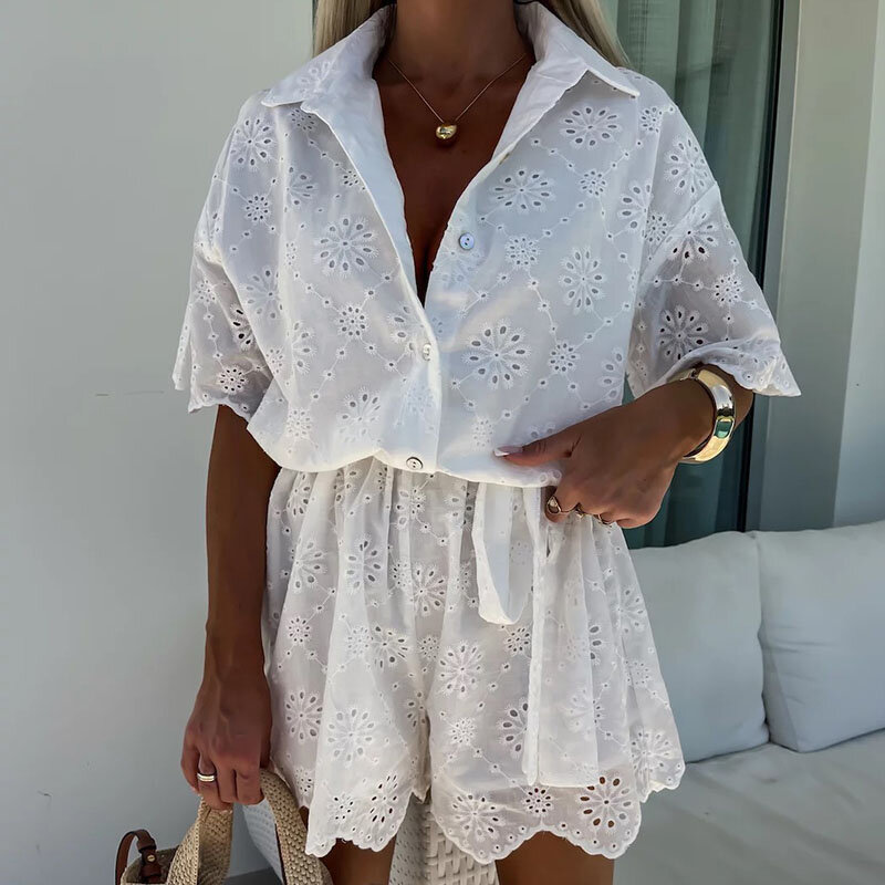 2024 Elegant Lapel Collar Short Sleeve Jumpsuit Summer Fashion Single-breasted Loose Short Romper Office Tie-up Solid Playsuits