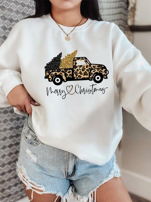 Leopard Truck Trend Cute Christmas O-neck New Year Fleece Pullovers Fashion Clothing Holiday Female Women Graphic Sweatshirts