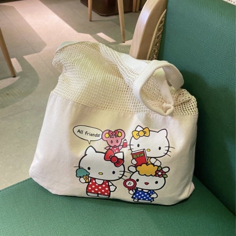 Hello Kitty กระเป๋าผ้าใบกระเป๋าวันหยุดฤดูร้อนกระเป๋าเป้สะพายหลัง Crossbody เดินทางของเด็กผู้หญิงกระเป๋าทอความจุขนาดใหญ่น่ารัก