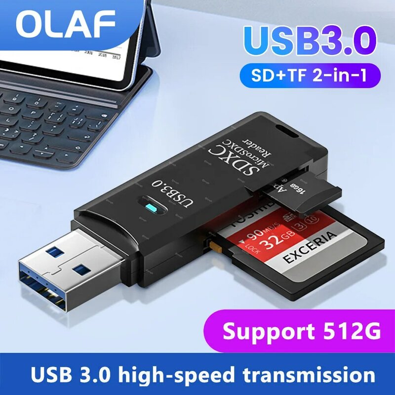 Olaf-USB 3.0 Card Reader, 2 em 1, USB 2.0 para SD Micro SD, TF Memory Card Adapter para PC, Acessórios para Notebook, Flash Drive